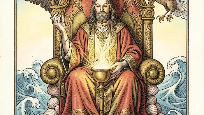 Король Кубков — изображение карты с символикой воды и эмоционального лидерства