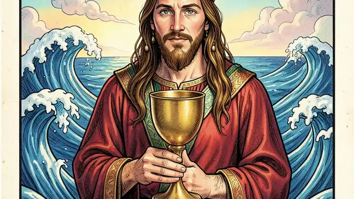 Король Кубков изображён с чашей, морскими волнами и короной из раковин