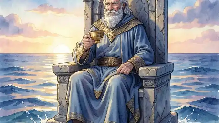 Король Кубков Таро — мудрый правитель на троне посреди моря, держащий чашу, символ эмоциональной глубины и контроля.