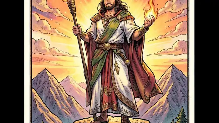 Король Жезлов карта дня таро — изображение л��дера с огненным жезлом на фоне рассвета