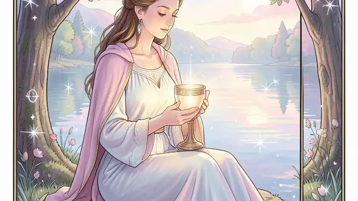 Королева Кубков – изображение карты Таро с женской фигурой у воды