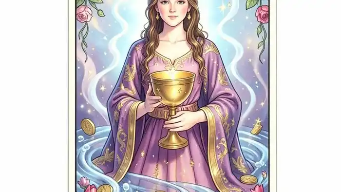 Королева Кубков на деньги таро — изображение карты с символикой финансового изобилия