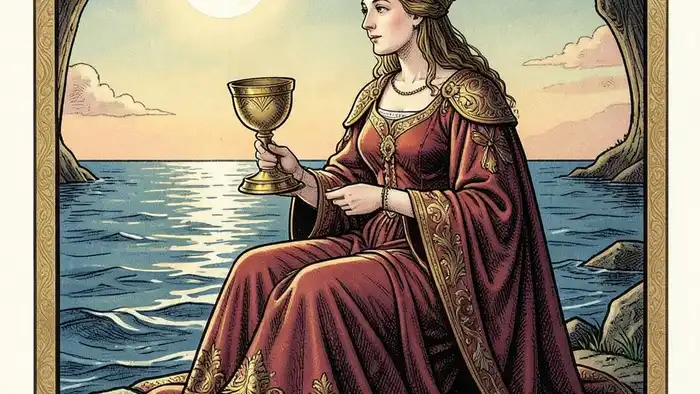Королева Кубков Таро — изображение женщины у моря с кубком
