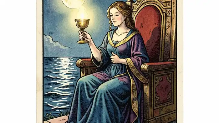 Королева Кубков таро – изображение карты с женской фигурой, чашей и морским фоном