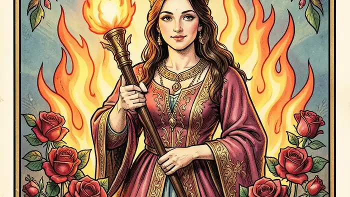 Королева Жезлов карта Таро изображение