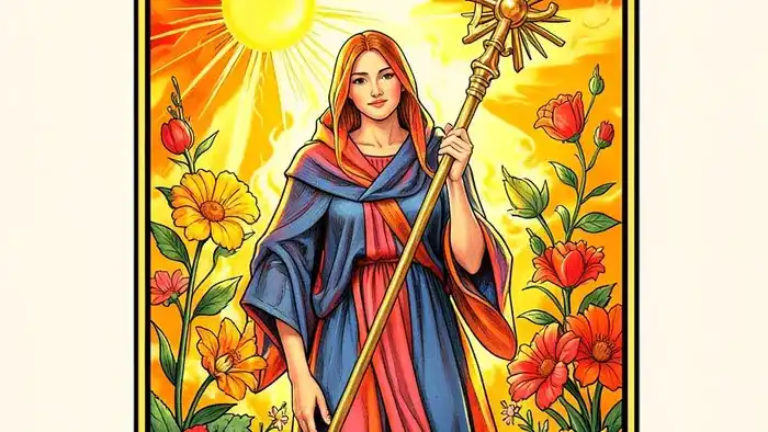 Королева Жезлов — изображение карты Таро с огненной символикой