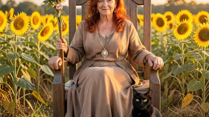 Королева Жезлов Таро — символ жизненной силы и здоровья, сидящая среди подсолнухов с жезлом в руках.