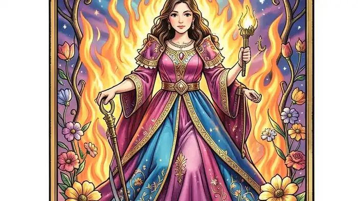 Королева Жезлов карта таро иллюстрация, символизирующая творчество и лидерство