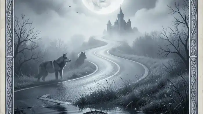 Луна в Таро — мистический пейзаж с дорогой, луной, волками и раком как символы бессознательного