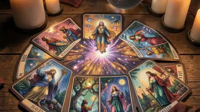Маг чувства таро — изображение расклада старших арканов с мистической атмосферой