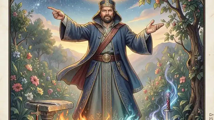 Маг Таро — архетип мысли и творческой воли, соединяющий небо и землю с помощью четырех стихийных инструментов.