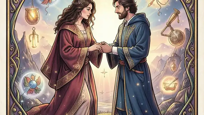 Маг в отношениях таро – иллюстрация карты с романтической атмосферой