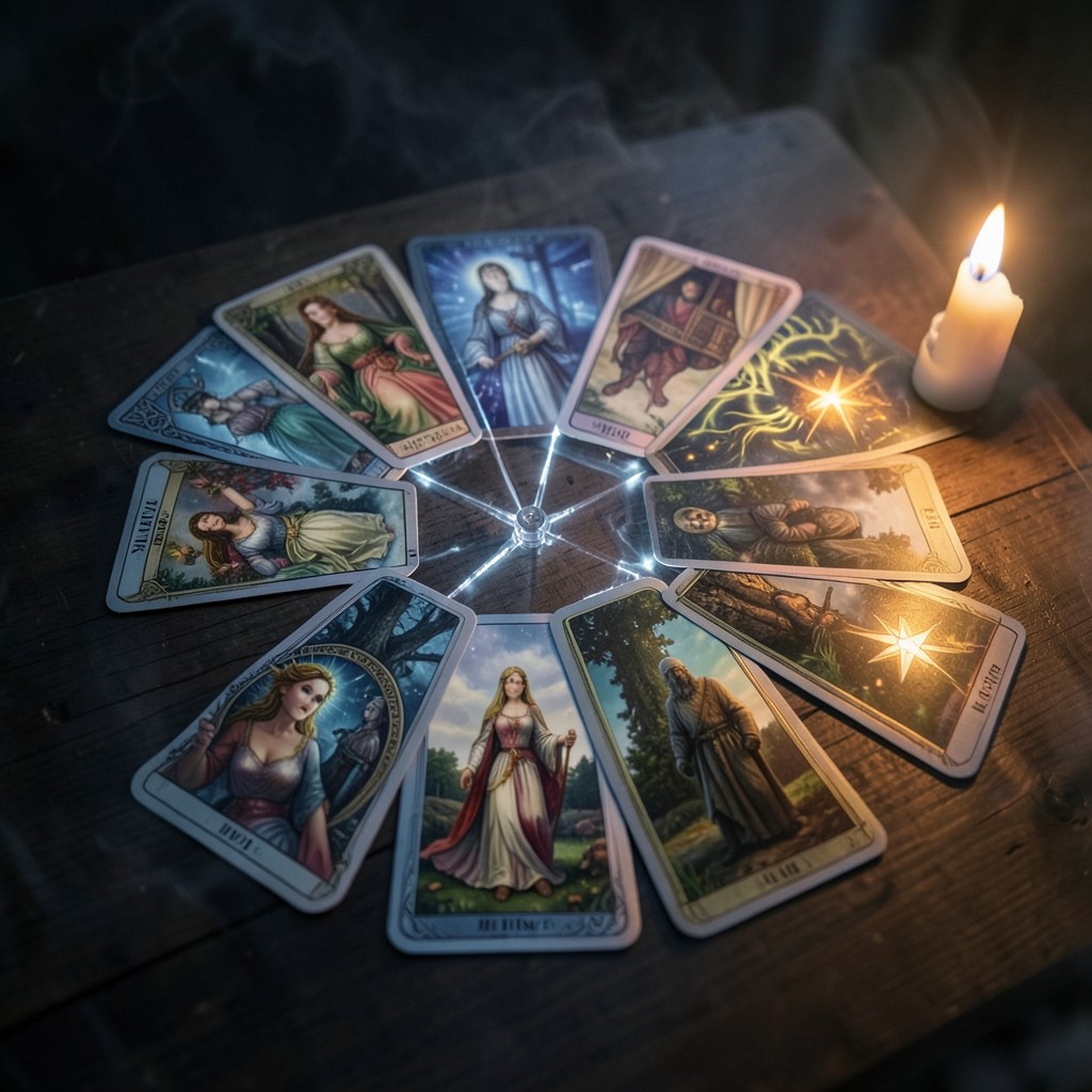 Расклад Таро Кельтский крест на предназначение, выложенный на деревянном столе при свечах