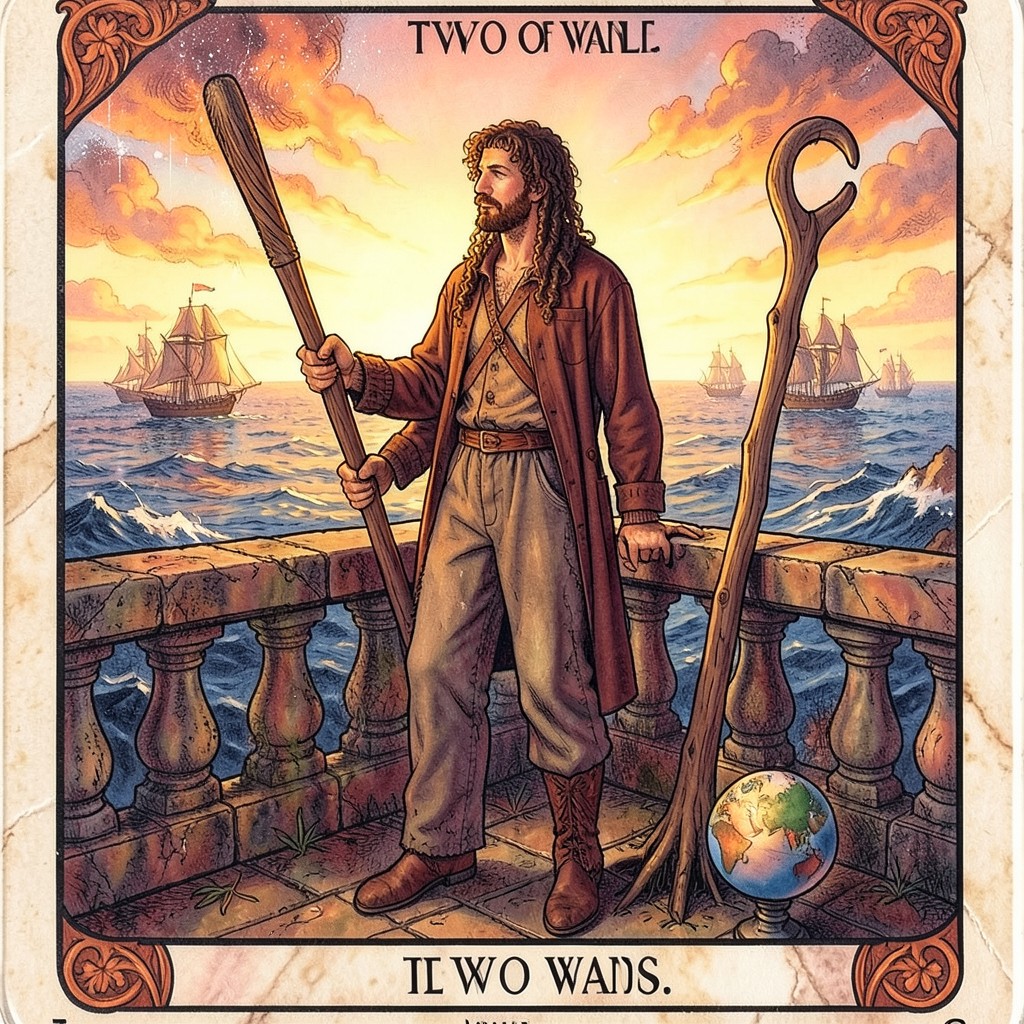 Двойка Жезлов Таро: детальное изображение карты с фигурой, держащей жезл и смотрящей на корабли в море.