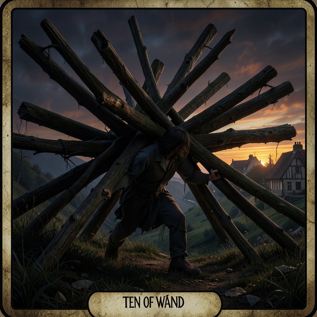 Десятка Жезлов Таро — человек сгибается под тяжестью десяти посохов на фоне заката.