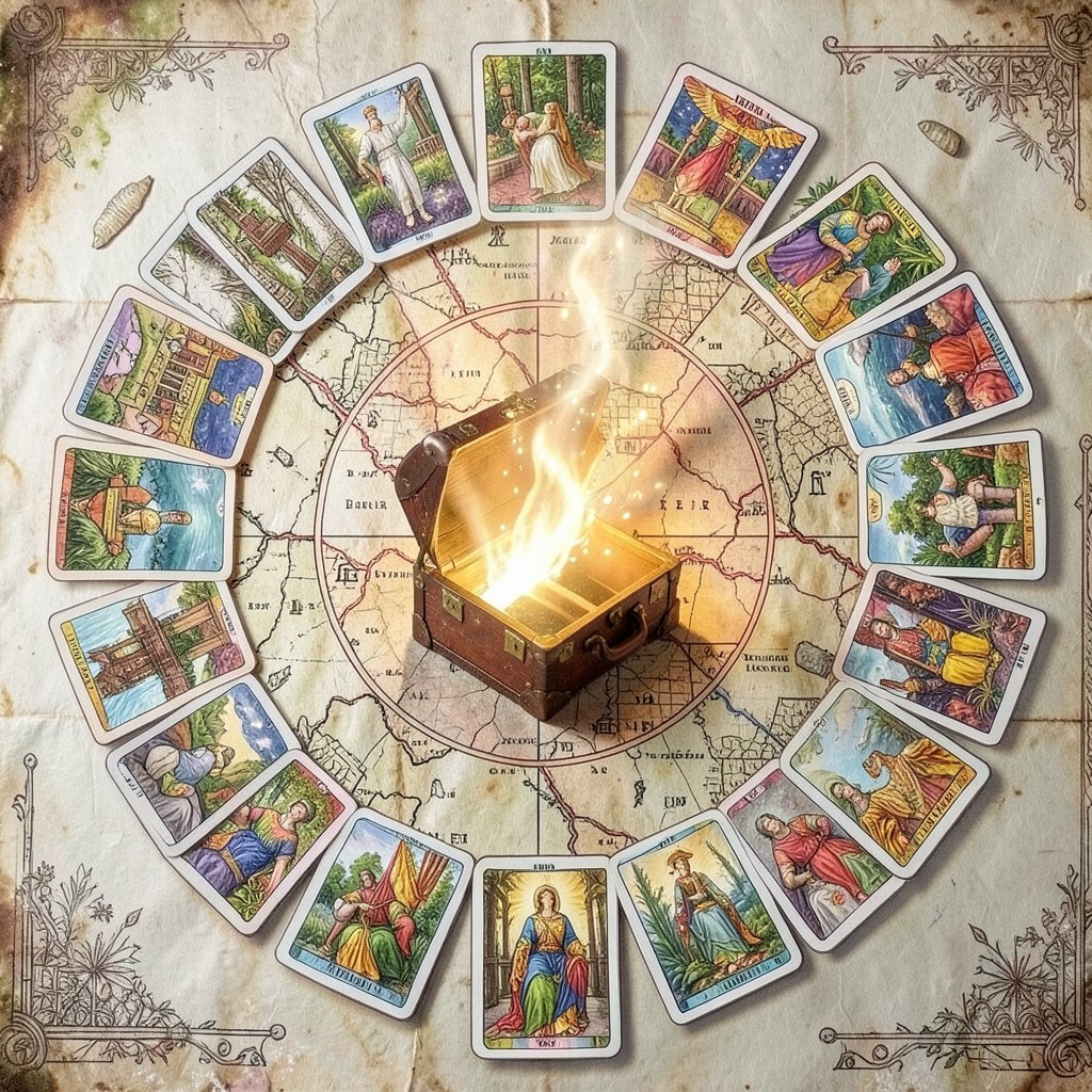 Расклад Таро Круг на переезд: карты, выложенные по кругу на старинной карте, символизирующие анализ переезда