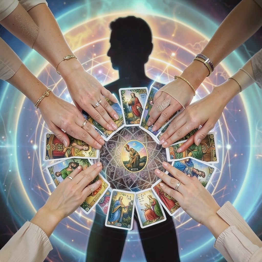 Расклад на чистку ауры: руки раскладывают карты Таро вокруг символического изображения энергетического поля человека с блоками и потоками света.