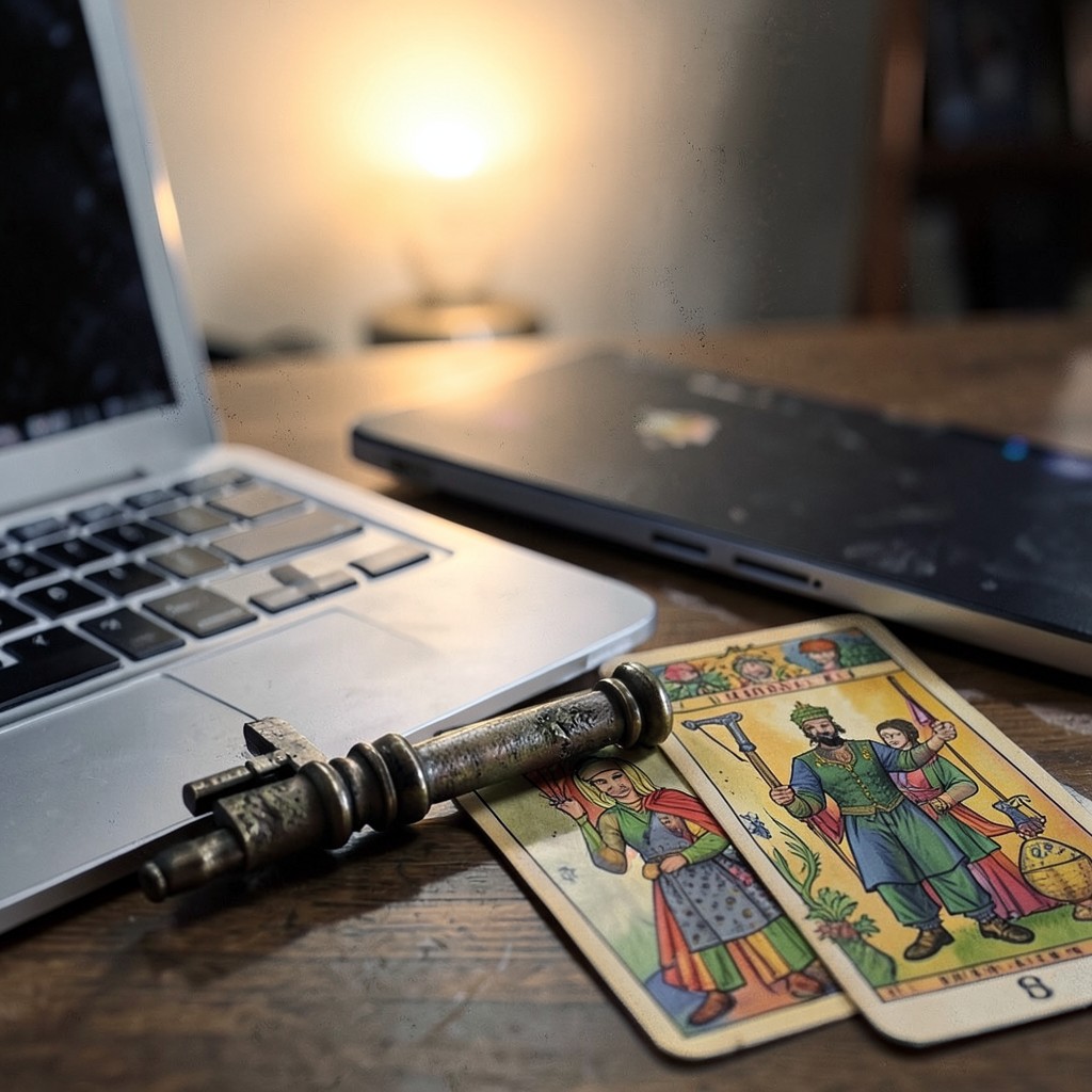 Расклад Таро Ключ на фриланс: старинный ключ и карты на рабочем столе фрилансера