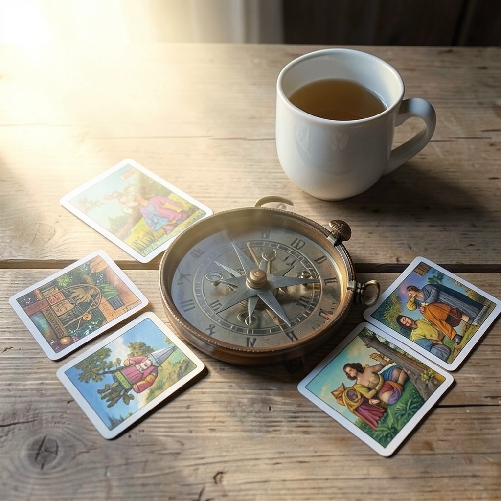 Расклад Таро Компас на утреннюю рутину: четыре карты вокруг компаса на деревянном столе