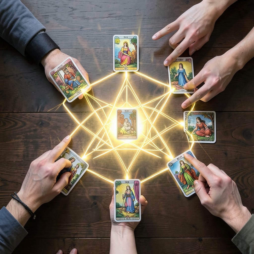 Расклад Таро Гексаграмма на команду: схема шестиугольника с картами на темном столе, символизирующая анализ групповой динамики
