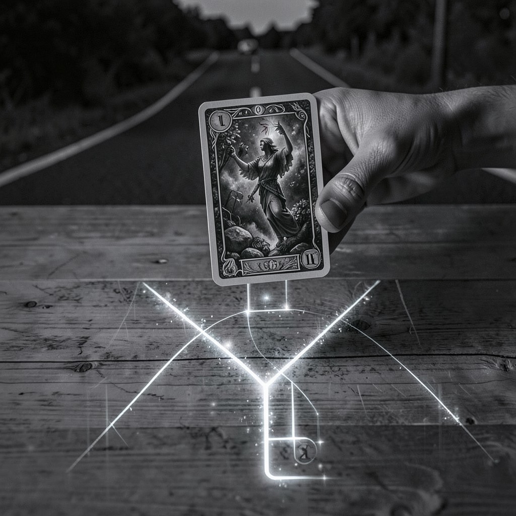 Расклад Таро Развилка на желание — схема и карта Шут на тёмном фоне