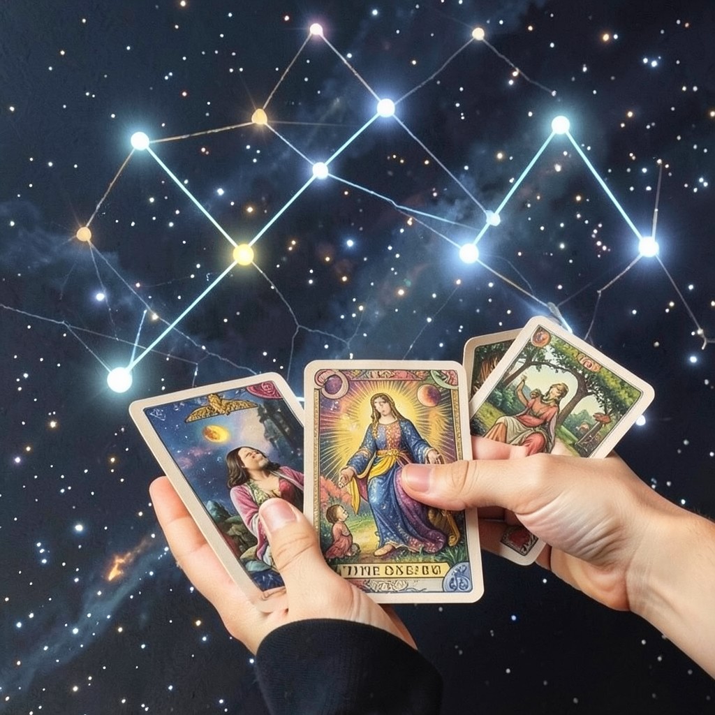 Расклад Таро Планетарный на публичность: карты, разложенные в форме созвездий на фоне звёздного неба.