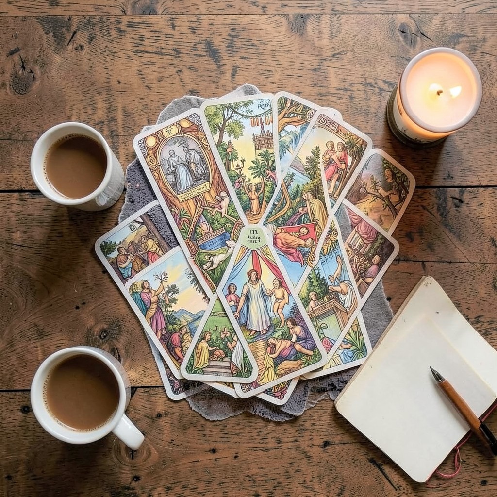 Расклад для поиска ответа: схема Кельтского креста из карт Таро на деревянном столе с атрибутами для медитации