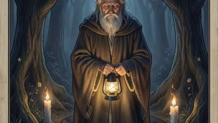 Отшельник действия таро — иллюстрация карты с фонарём в темном лесу