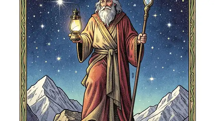 Отшельник карта дня таро — иллюстрация с лампой и кристаллом