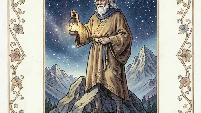 Отшельник карта дня таро — иллюстрация старца с фонарём на вершине горы