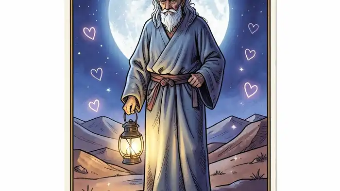 Отшельник таро на любовь — иллюстрация карты с лампой и символами сердца