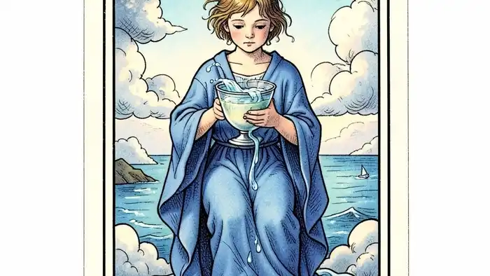 Паж Кубков иллюстрация карты Таро, молодой человек в синей одежде держит чашу с текущей водой