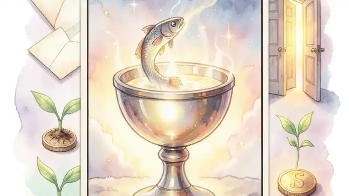 Паж Кубков на деньги: детальная иллюстрация карты Таро, символизирующая новые финансовые возможности и творческие предложения.