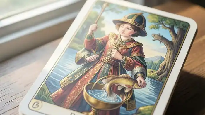 Паж Кубков Таро — детальное изображение карты с юношей и кубком с рыбой, символ новых чувств и интуитивных посланий.