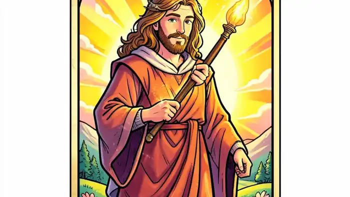 Паж Жезлов карта Таро – яркая иллюстрация с жезлом и рассветом