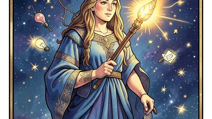 Паж Жезлов мысли таро — изображение карты с жезлом и искрами идей