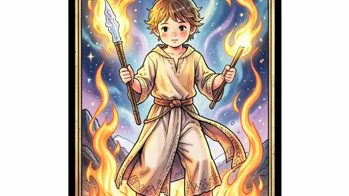 Паж Жезлов на здоровье таро — иллюстрация карты с ярким жезлом, символизирующим энергию и здоровье