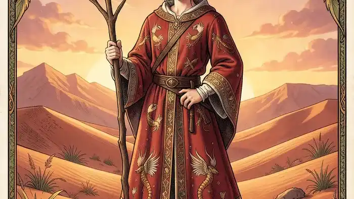 Паж Жезлов Таро — юный вестник с жезлом в пустыне, символ новостей и новых начинаний