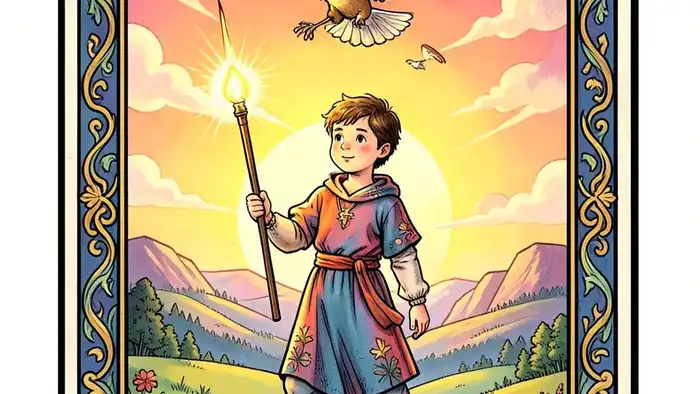 Паж Жезлов карта таро, молодой че��овек с светящимся жезлом и птицей