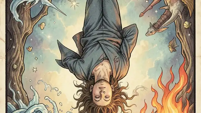 Повешенный карта года таро — иллюстрация с символикой стихий