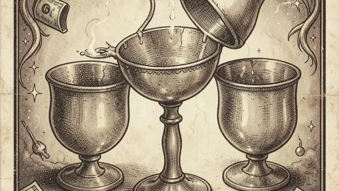 Пятерка Кубков на деньги таро изображение карты с финансовой символикой