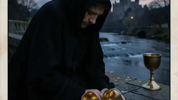 Пятерка Кубков Таро: человек скорбит над тремя опрокинутыми чашами, не замечая двух полных позади.