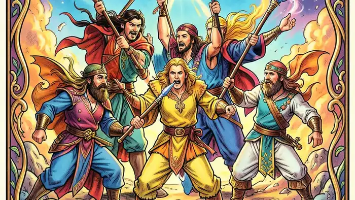 Пятерка Жезлов карта Таро, символизирующая эмоциональный конфликт и рост