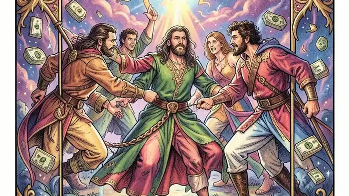 Пятерка Жезлов на деньги таро — иллюстрация карты с финансовыми символами