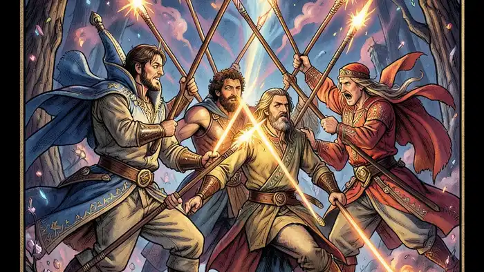 Пятерка Жезлов карта Таро, динамичная сцена борьбы