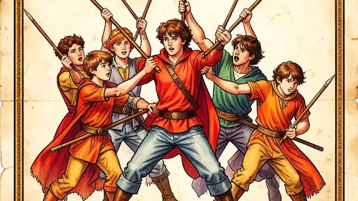 Пятерка Жезлов — изображение карты Таро �� пятью фигурами, держащими жезлы