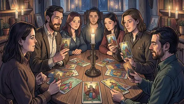 расклад для группового чтения — группа людей за столом с картами Таро