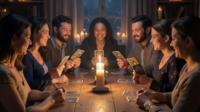 расклад для группового чтения – группа людей за столом с картами Таро