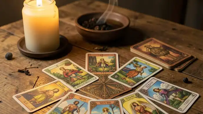 расклад для молитвы — Таро на столе с свечой и благовониями