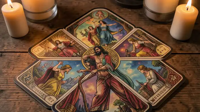 расклад для ретроспективы – кельтский крест на столе с свечами